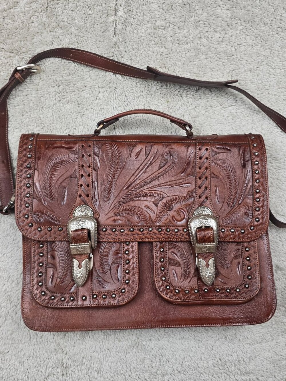 American West Leather Messenger Shoulder Bag Buckle Western USA Brown Flawless